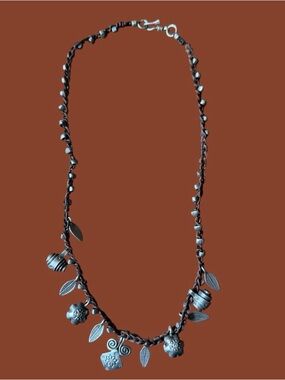 Vintage  Braided  Choker with India Silver Charms-leaves, chai, flowers, bells